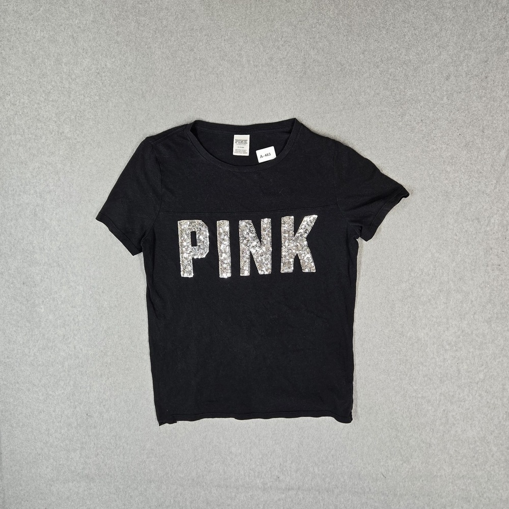PINK Victoria's Secret Women Shirt M Black Sequin Crew Neck Pullover